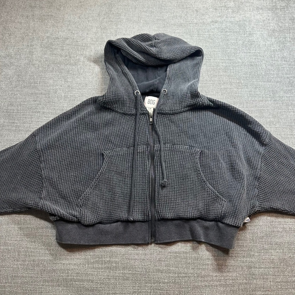 BDG Waffle Knit Hoodie Women S Gray  Cropped Zip Up Thermal Urban Outfitters